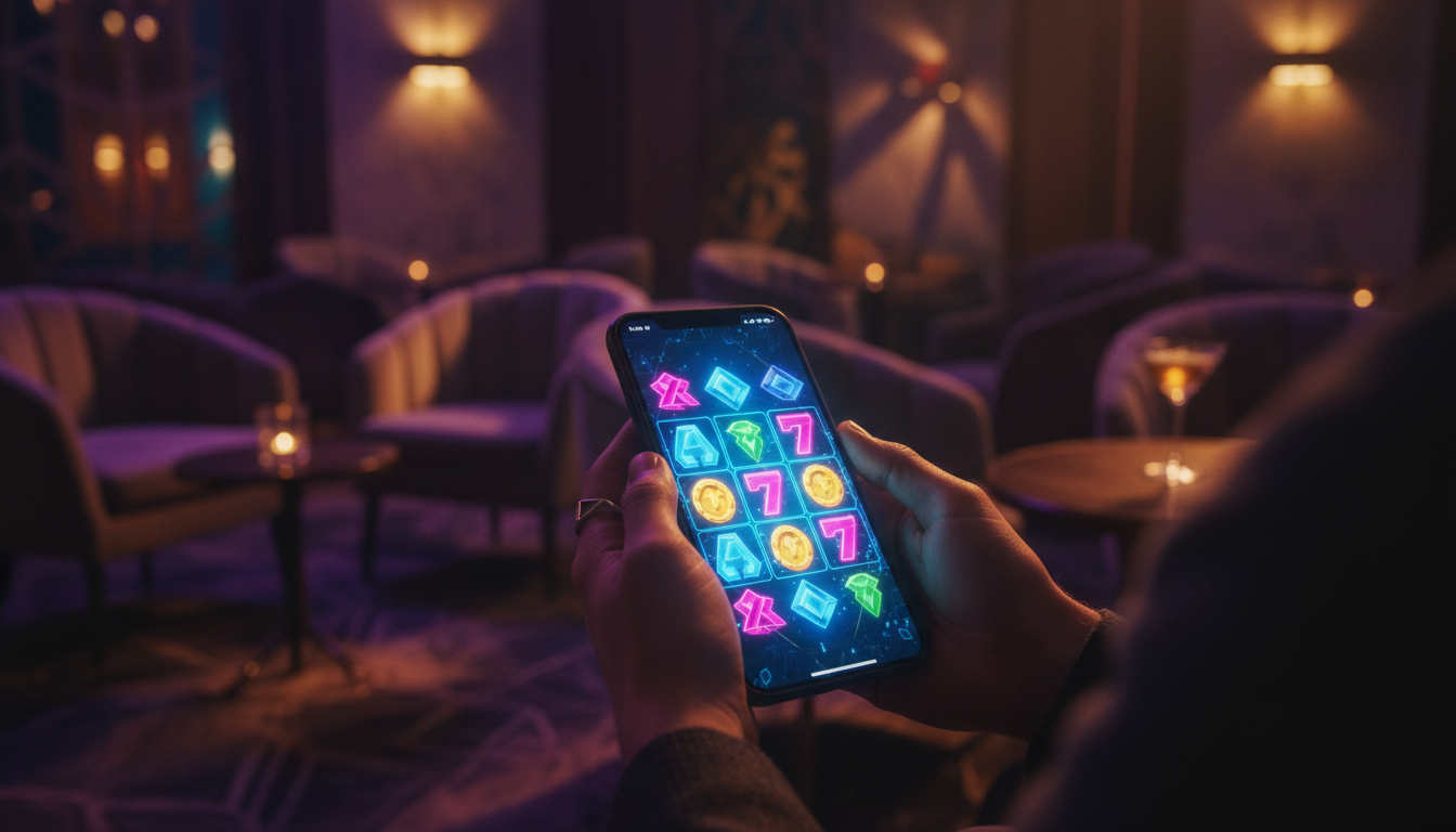 Player holding a smartphone showing a colourful FiestaSlots casino slot game in a modern setting