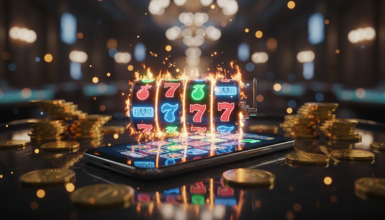 Close-up of a smartphone screen displaying vibrant online slot reels with golden coins around it