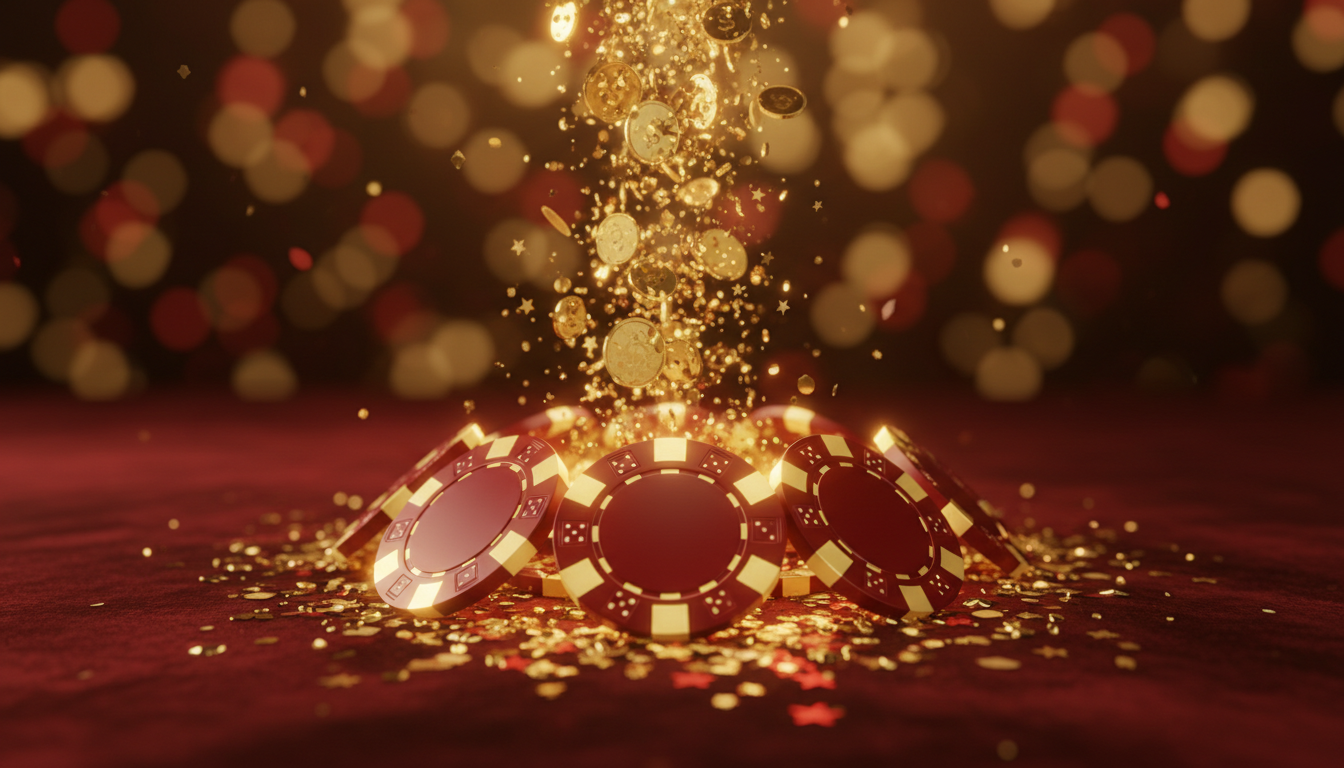 Festive neon-lit online casino welcome bonus scene with glowing chips and coins