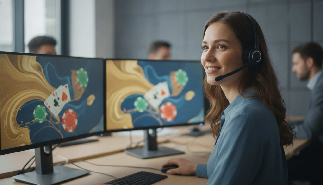 Customer support agent with a headset assisting an online casino player