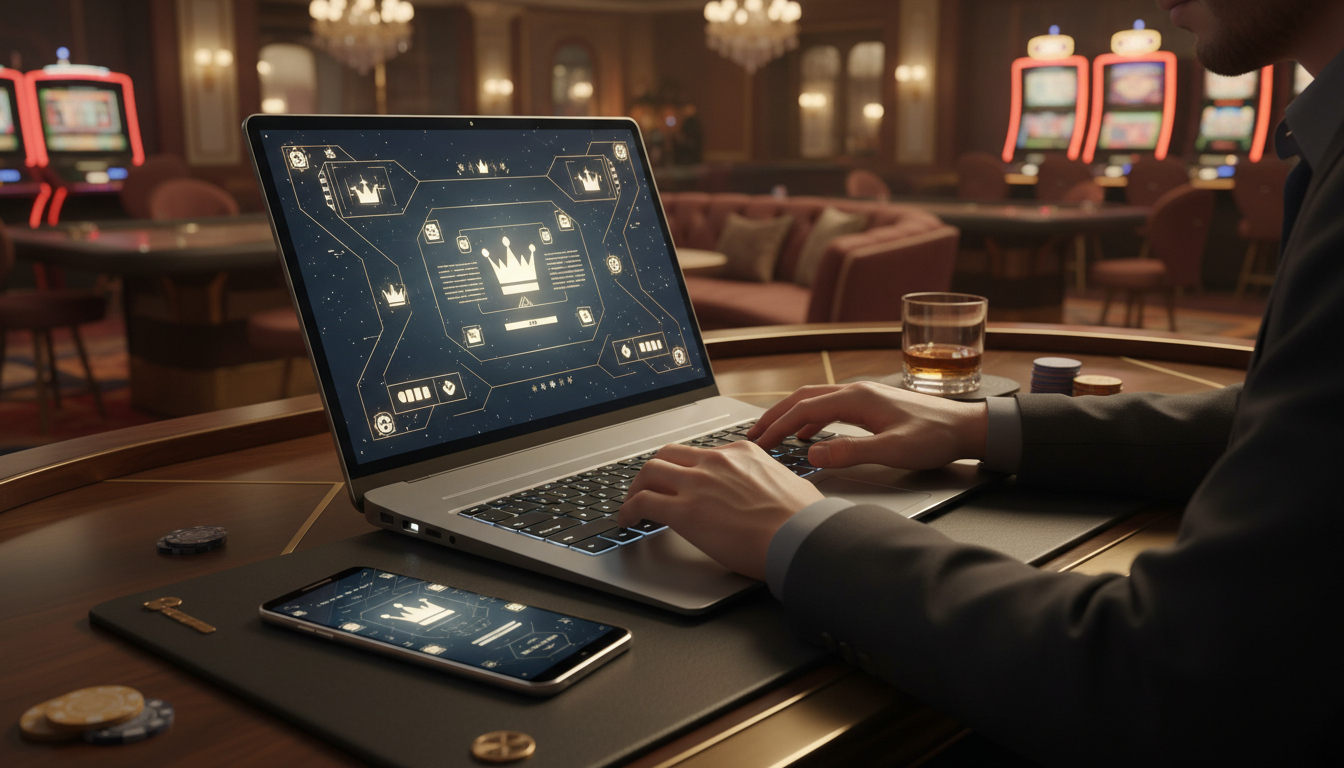 Player creating a new casino account on a laptop and smartphone at a modern desk