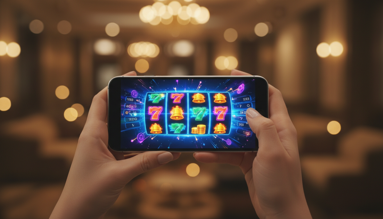Player enjoying FiestaSlots Casino slots on a smartphone in a modern setting