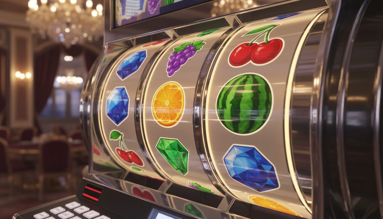 Colourful online slot machine reels glowing on a premium casino screen