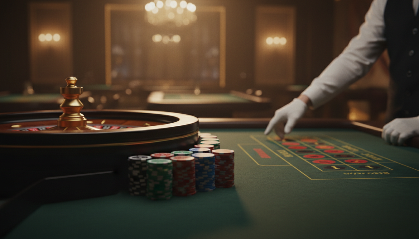 Elegant live-dealer casino table with roulette wheel and warm studio lighting