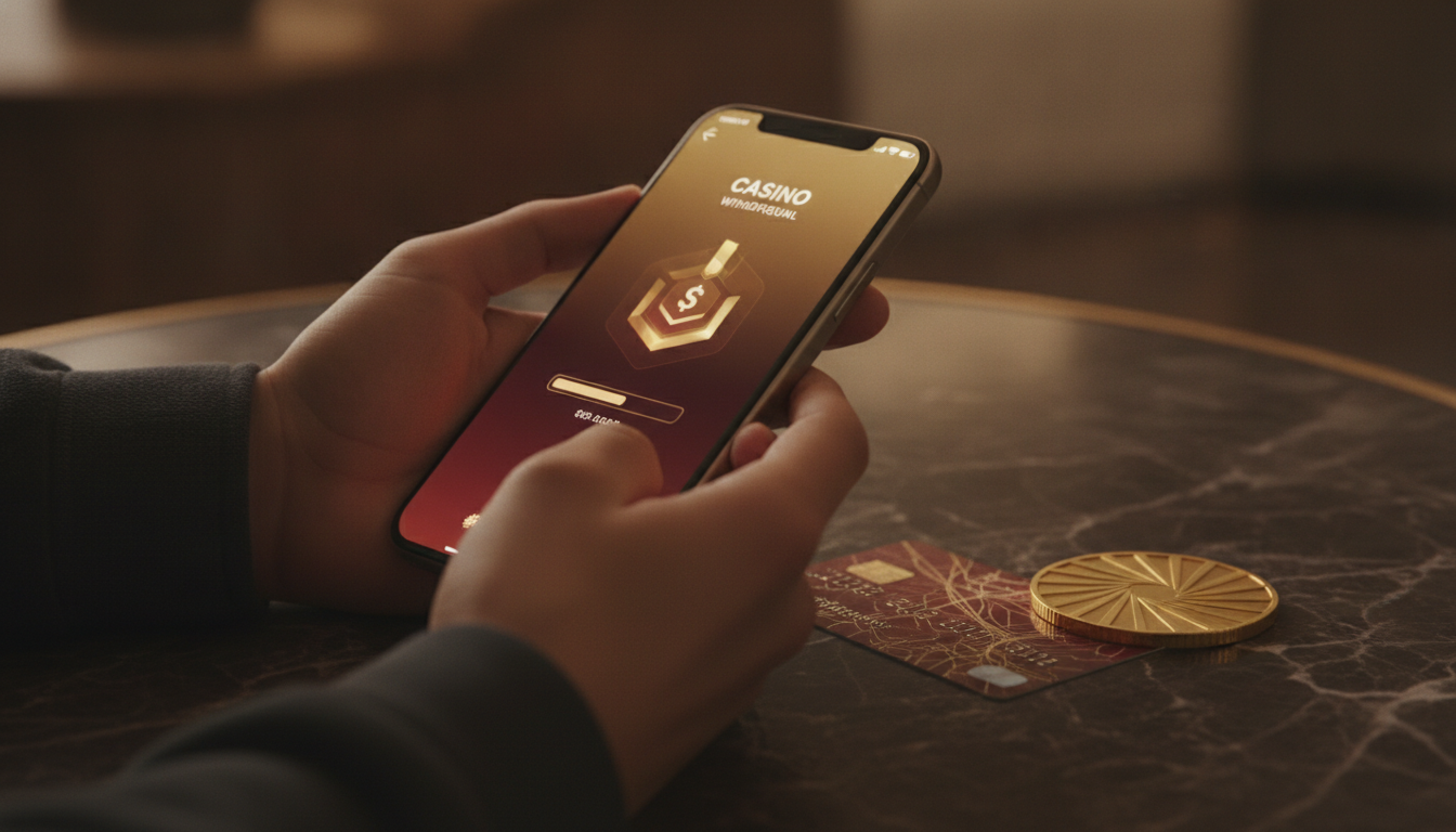 Player completing a fast casino withdrawal on a smartphone with card and crypto payment icons
